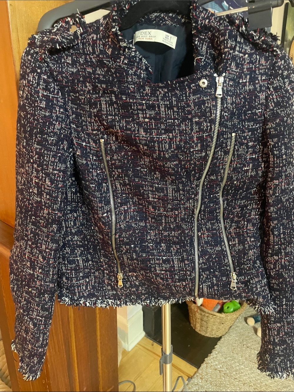 Dex Navy Tweed Cropped Zip Blazer with Red & White Accents
